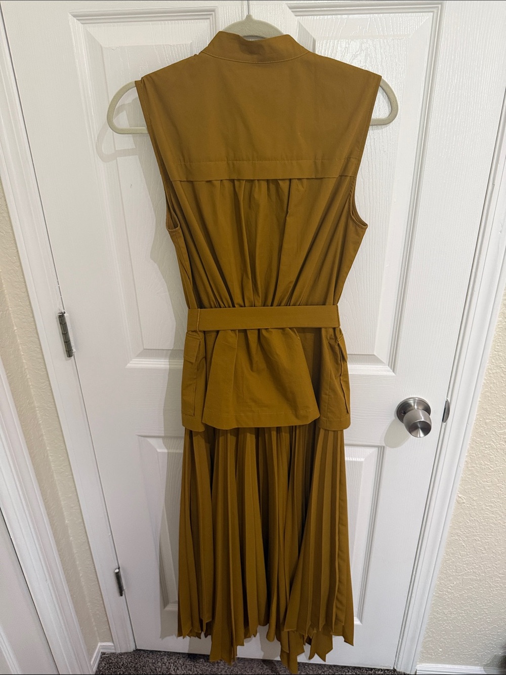Anthropologie Sleeveless Belted Tea Length Dress - Mustard/Tan in Size Small - Picture 3 of 5